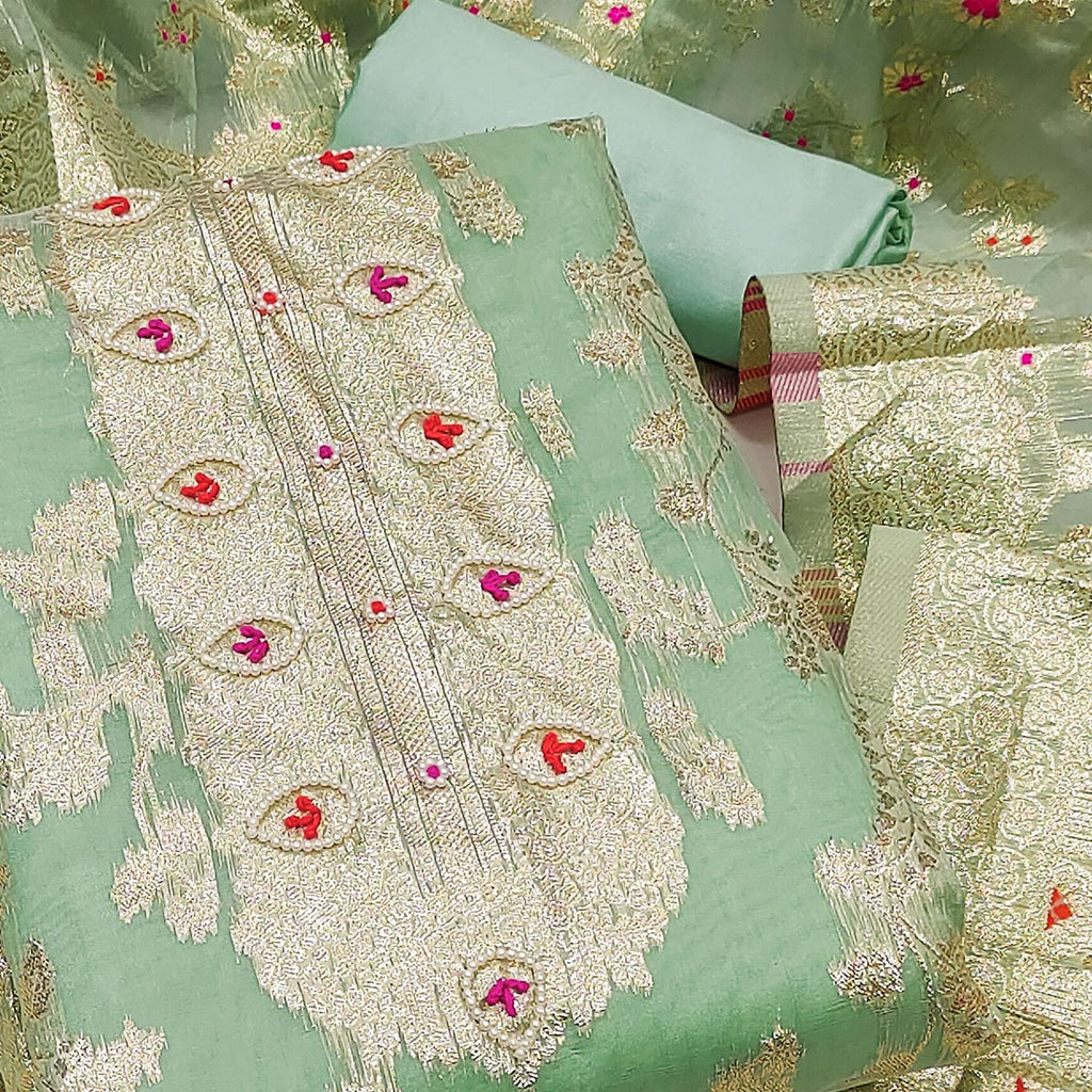 Green Floral Woven Chanderi Silk Dress Material