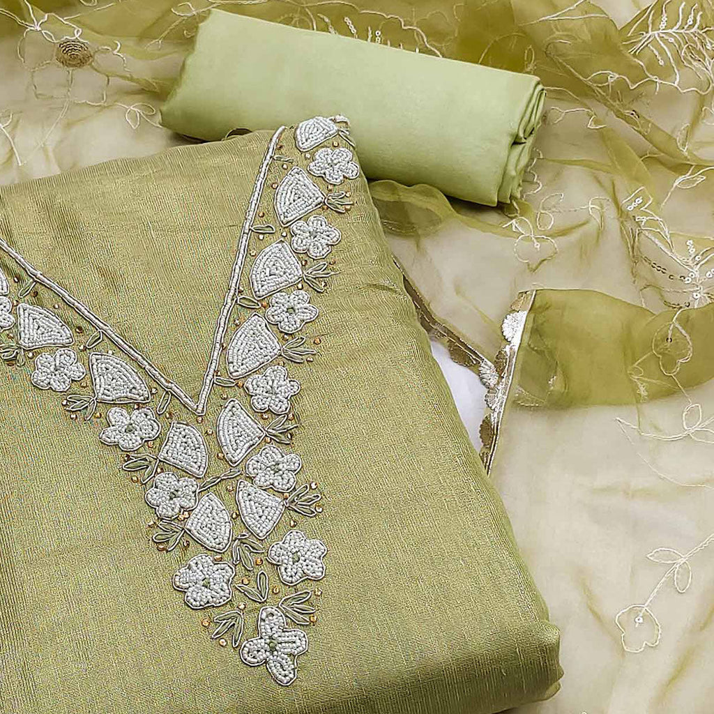 Green Embroidered Moti Work Pure Cotton Dress Material