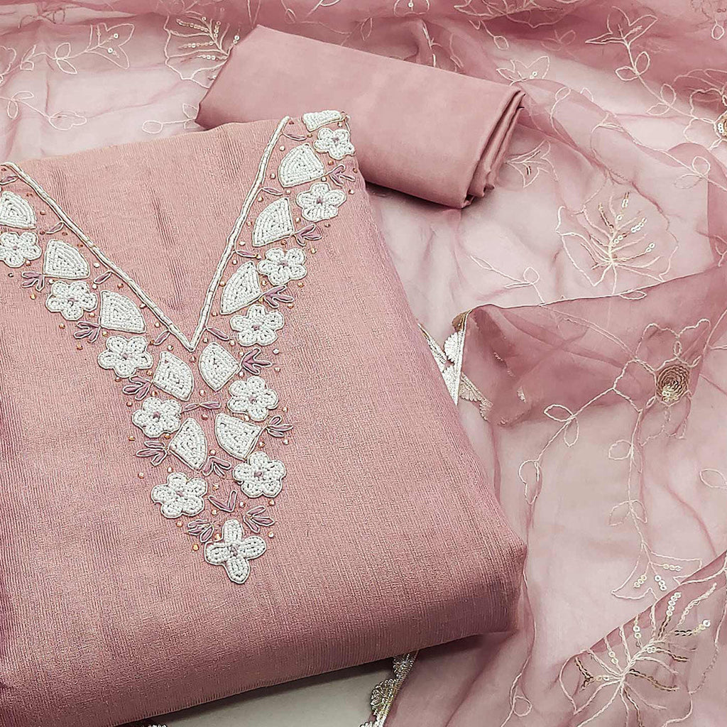 Mauve Embroidered Moti Work Pure Cotton Dress Material