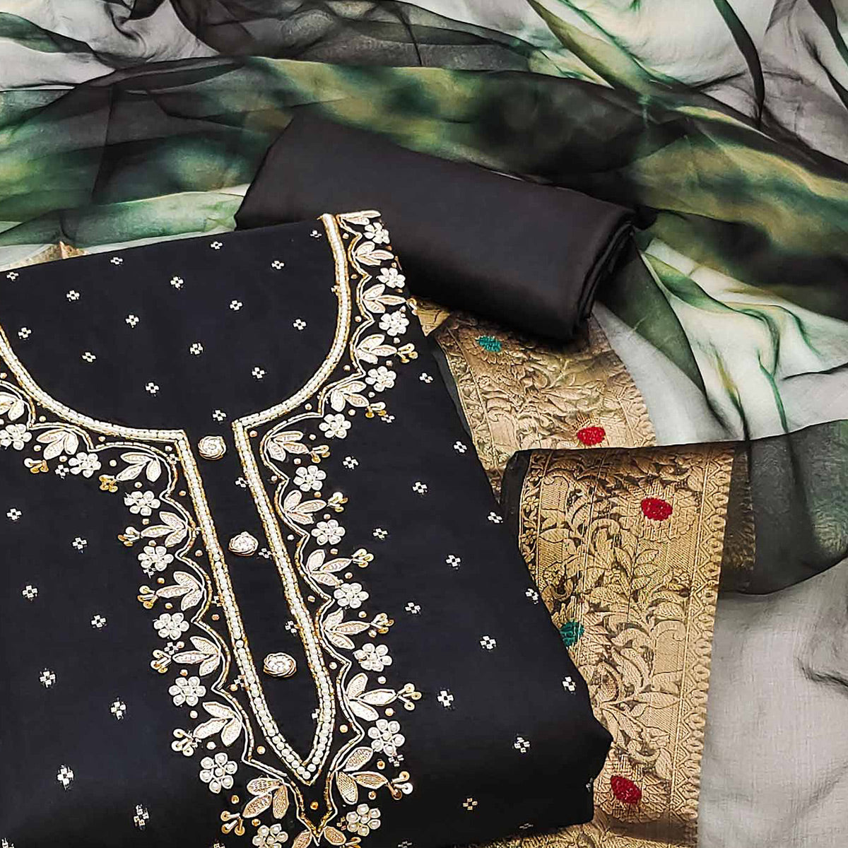 Black Woven With Handwork Chanderi Silk Dress Material