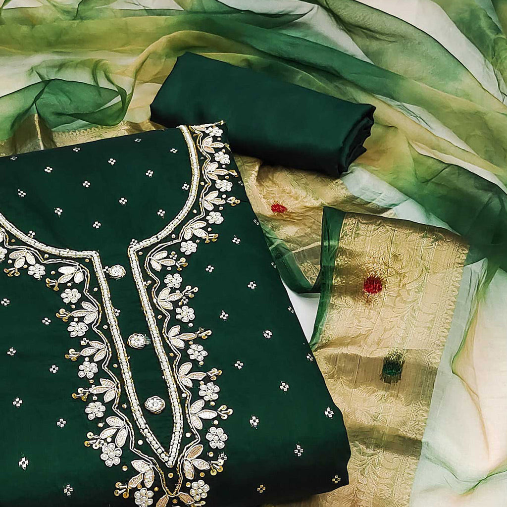 Green Woven With Handwork Chanderi Silk Dress Material