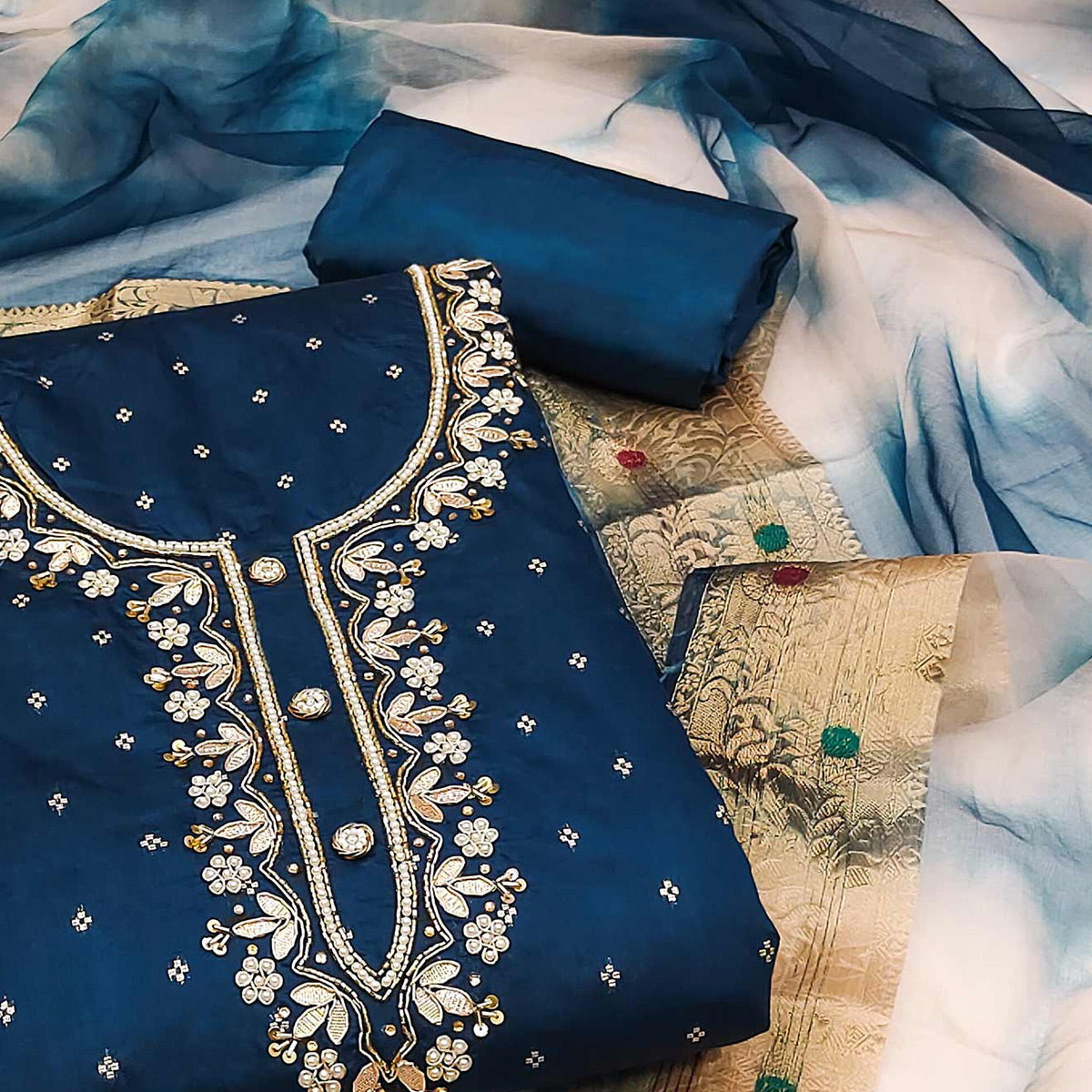 Morpich Woven With Handwork Chanderi Silk Dress Material