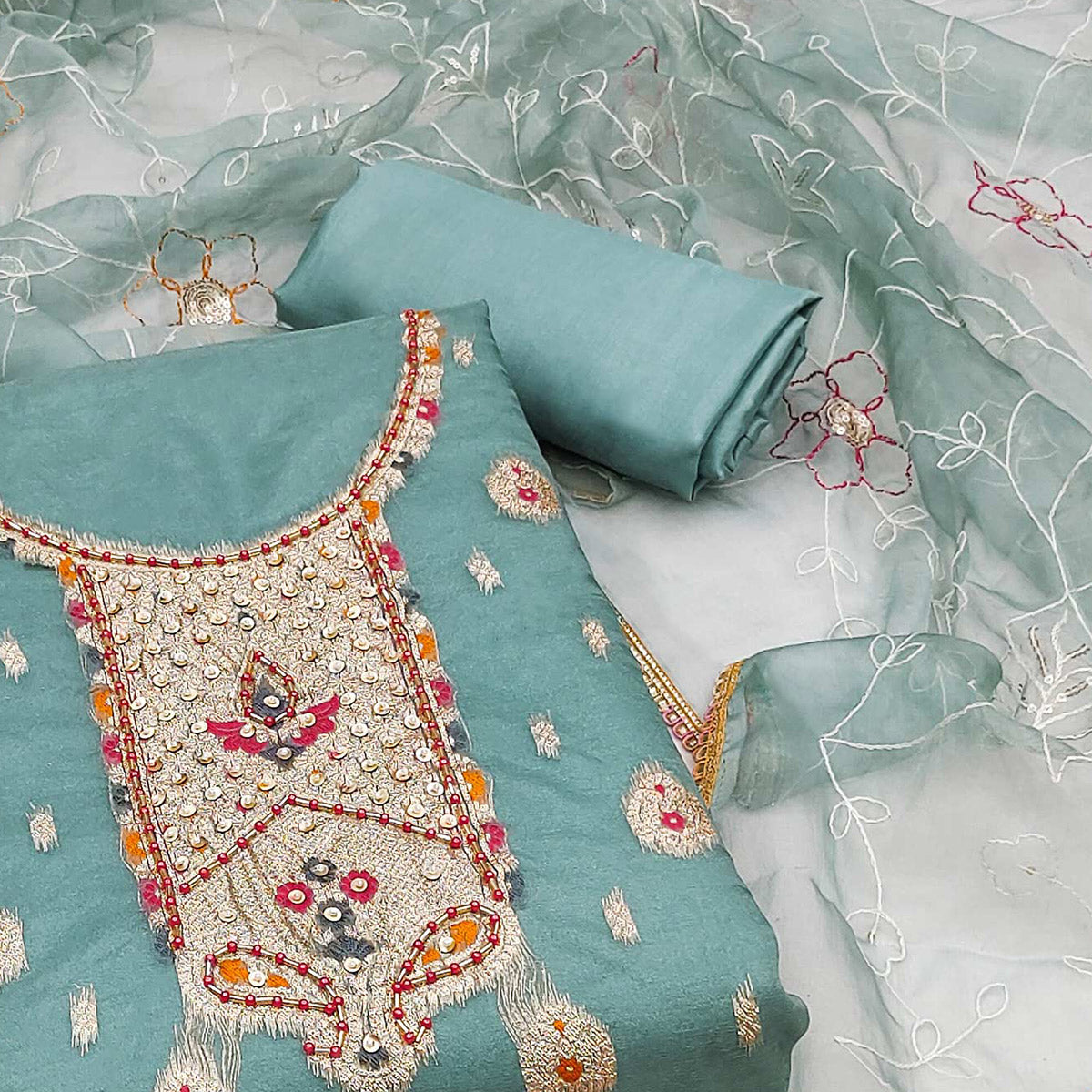 Blue Woven With Handwork Organza Dress Material