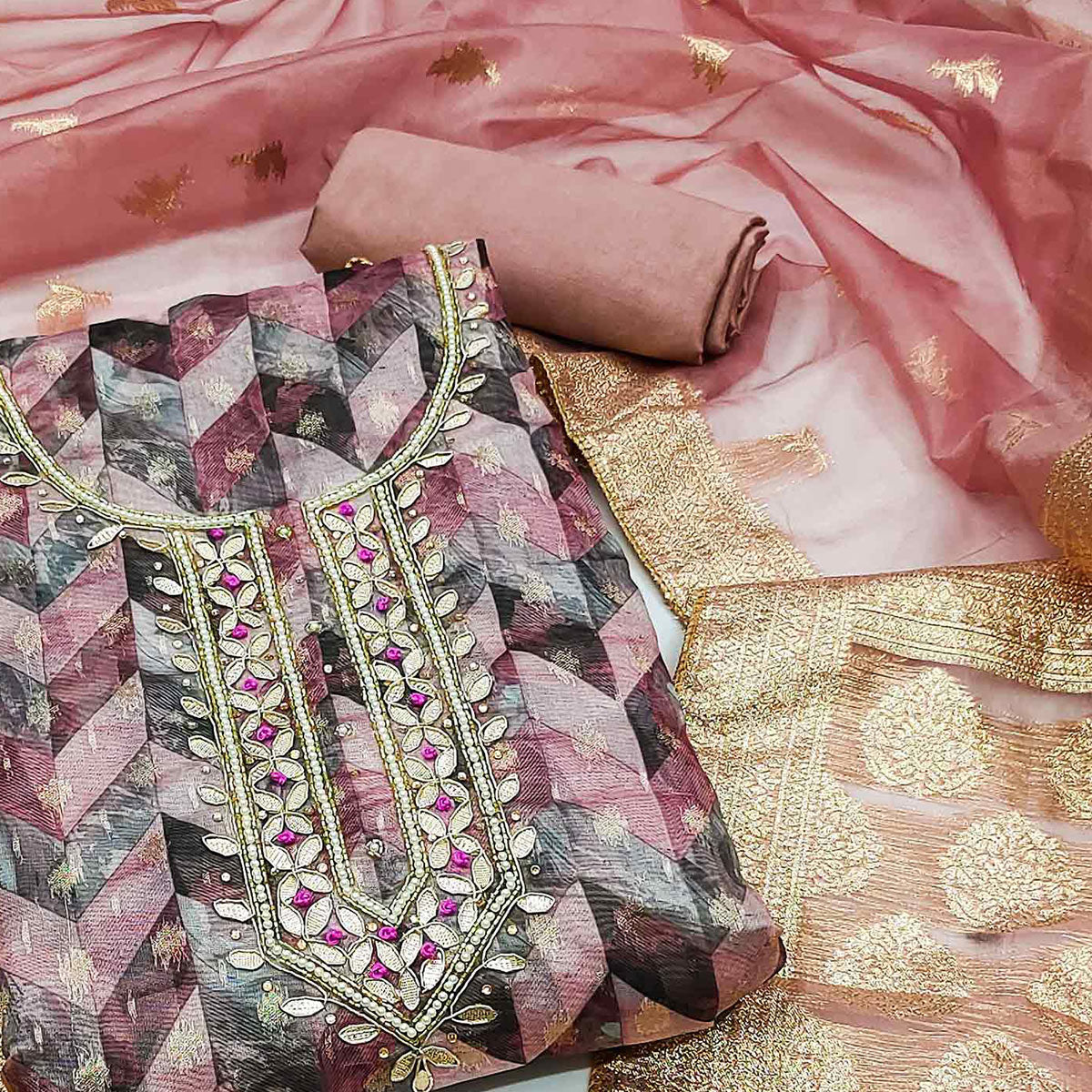 Mauve Digital Printed With Woven Organza Dress Material