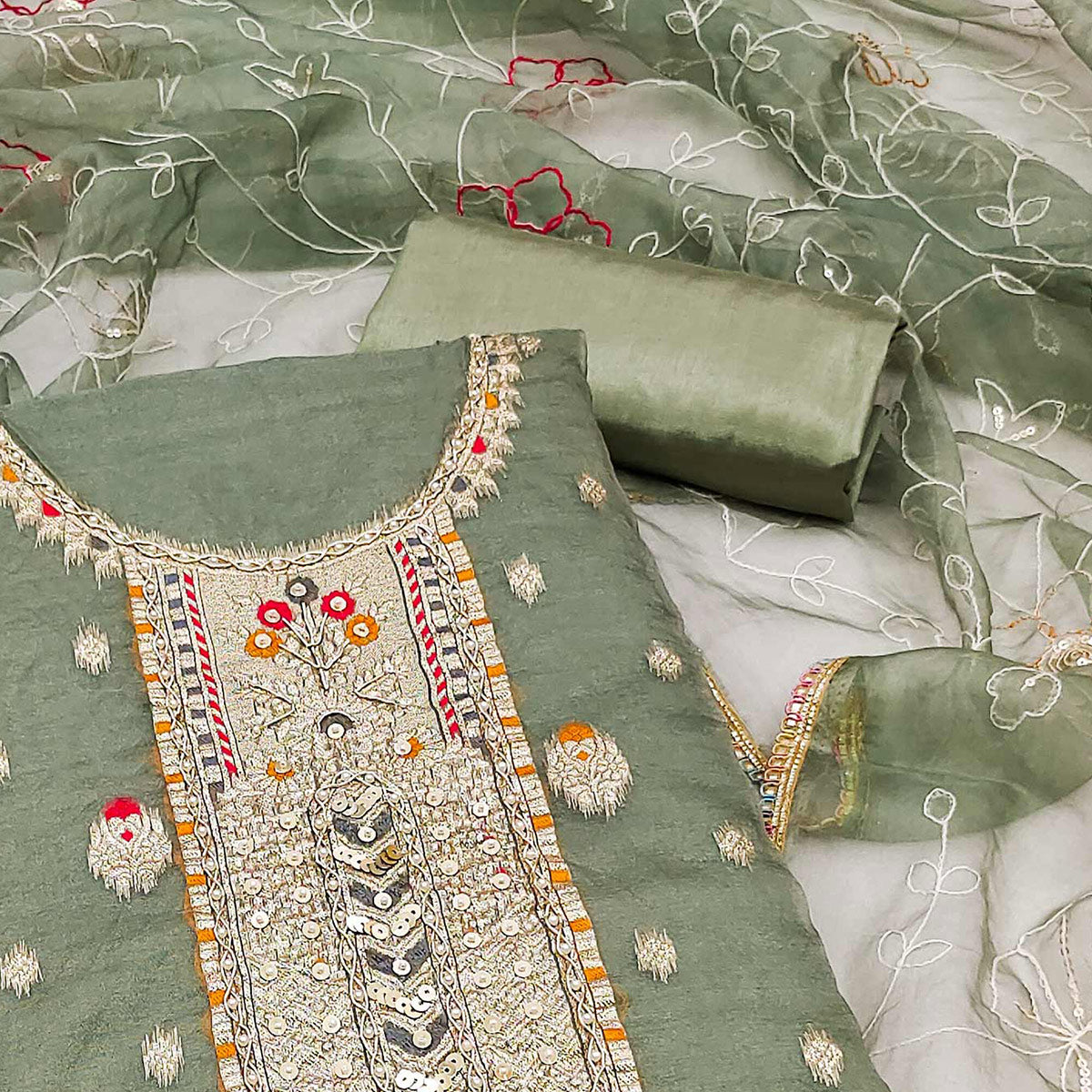 Green Woven With Handwork Organza Dress Material