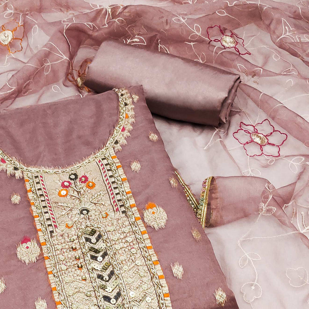 Mauve Woven With Handwork Organza Dress Material