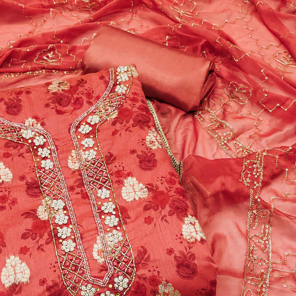 Peach Floral Printed Chanderi Silk Dress Material