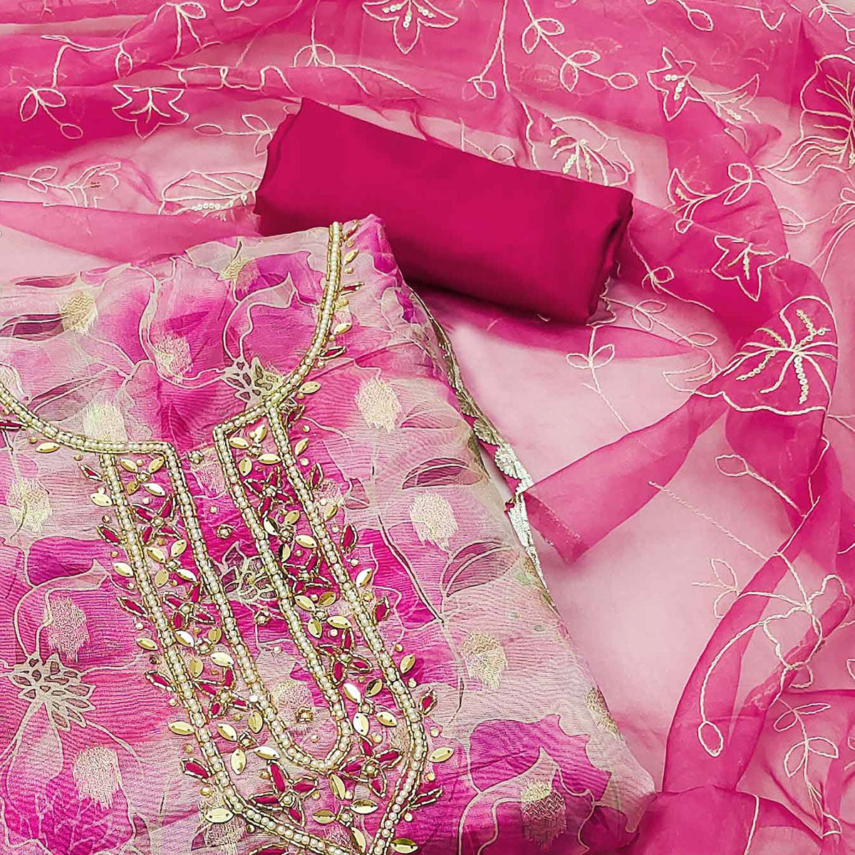 Pink Floral Digital Printed Organza Dress Material