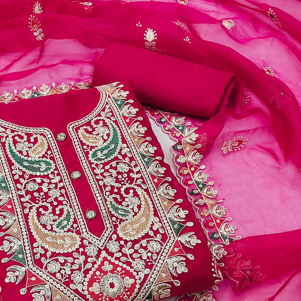 Pink Floral Embroidered Organza Dress Material