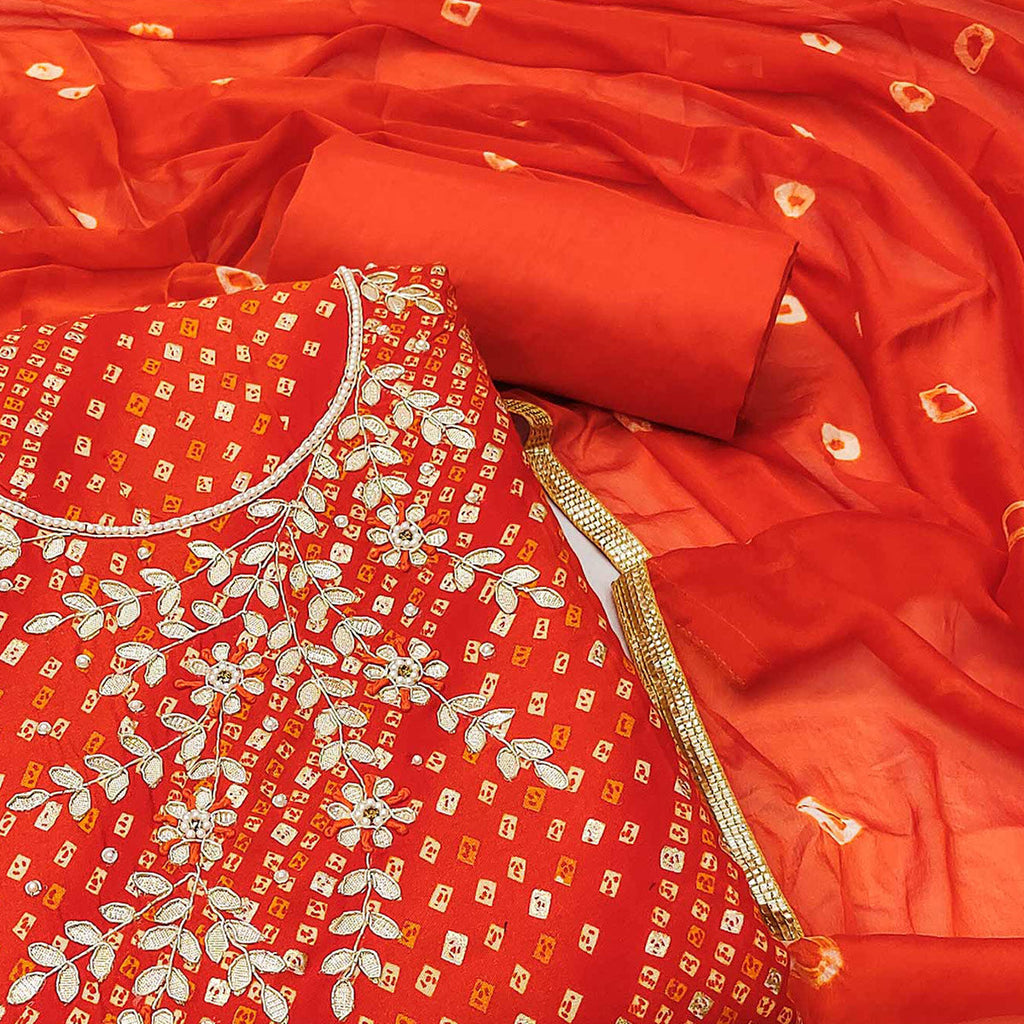 Orange Bandhani Printed With Handwork Pure Cotton Dress Material