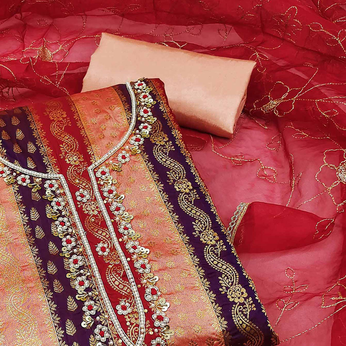 Peach & Red Woven With Handwork Banarasi Silk Dress Material