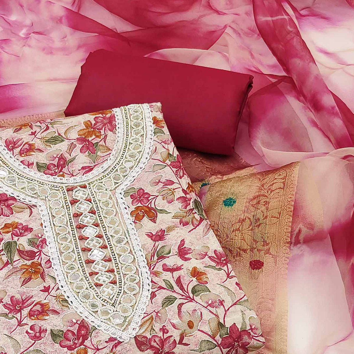 Cream & Maroon Floral Digital Printed With Handwork Pure Cotton Dress Material