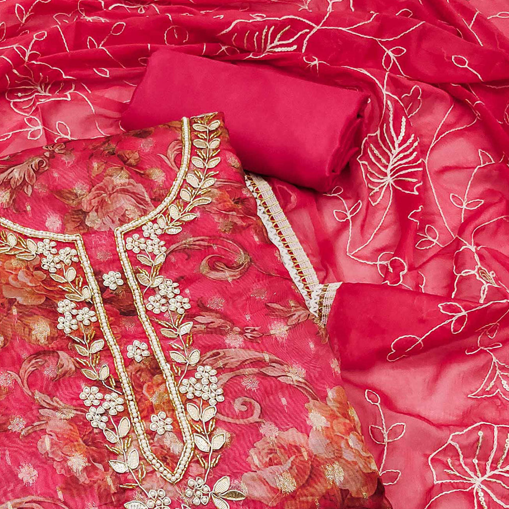 Pink Floral Digital Printed With Moti Work Organza Dress Material
