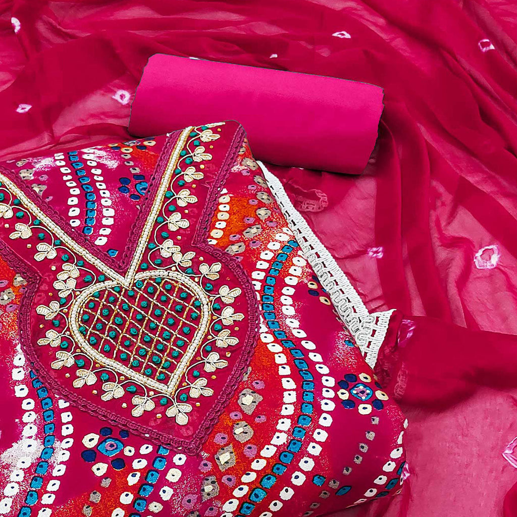 Pink Bandhani Printed With Handwork Pure Cotton Dress Material