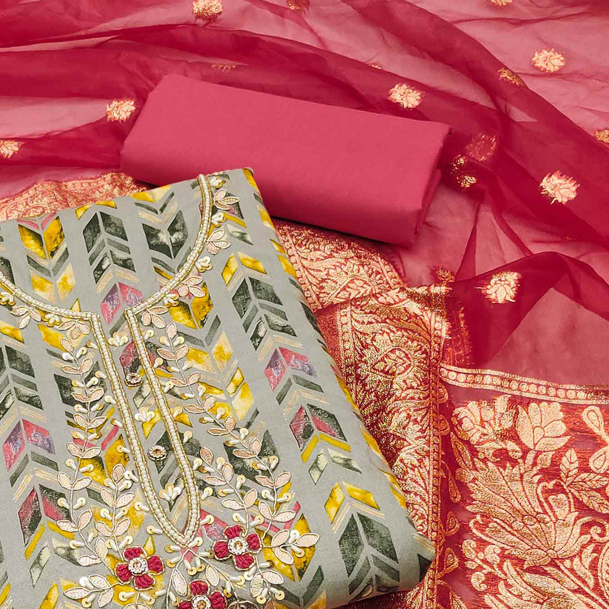 Grey Digital Printed With Handwork Pure Cotton Dress Material