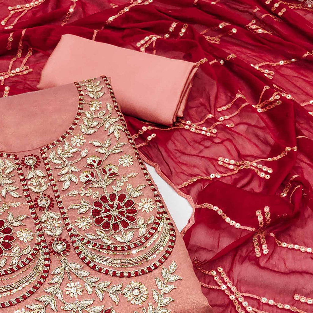 Dark Peach Embroidered Viscose Dress Material