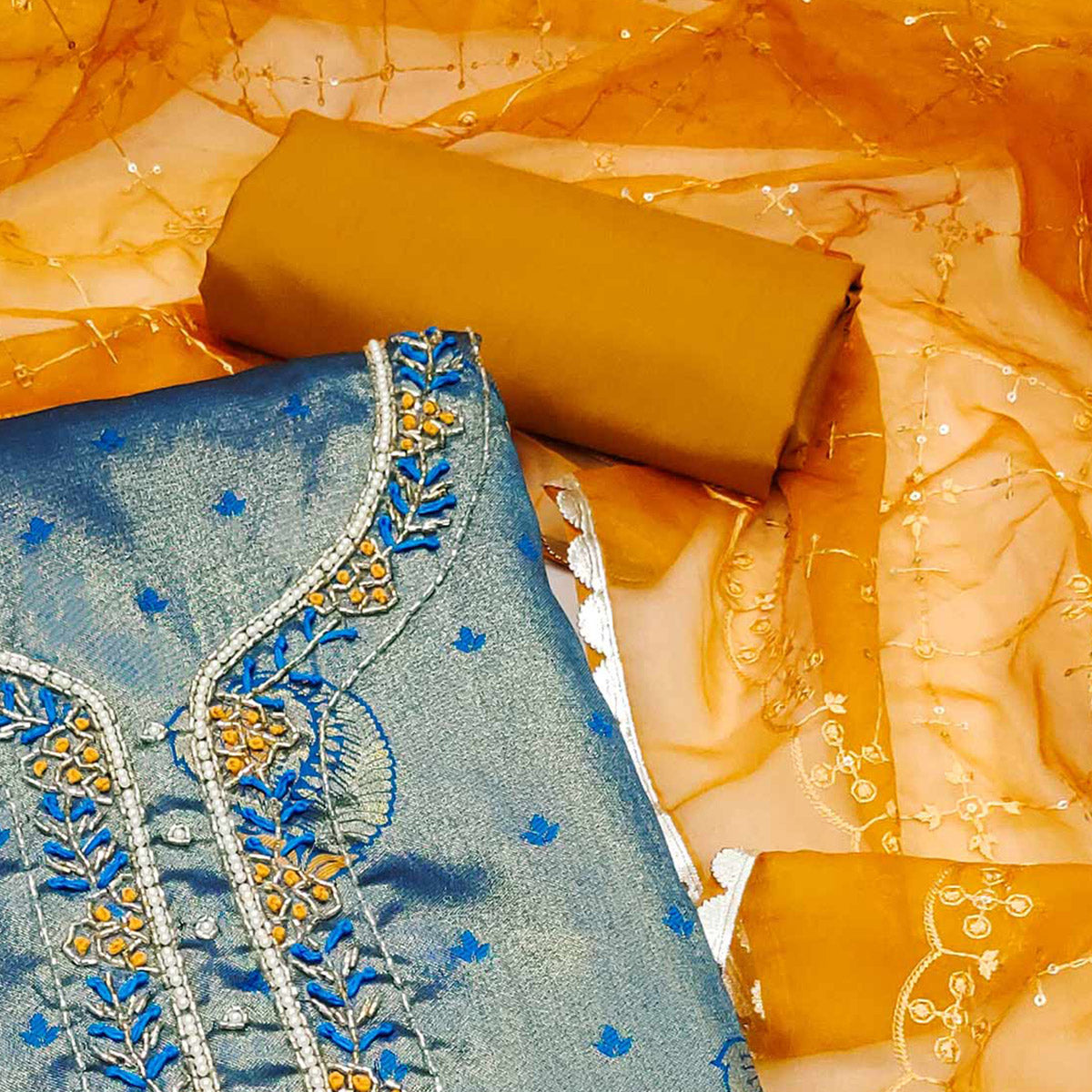 Blue Woven Banarasi Silk Dress Material