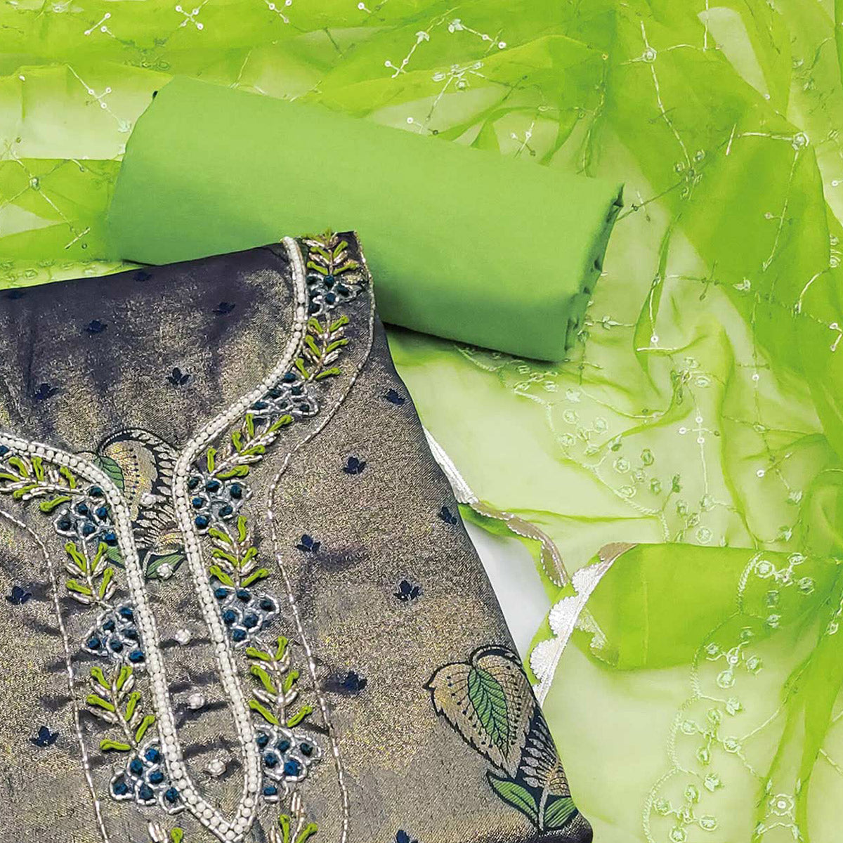 Dark Green Woven Banarasi Silk Dress Material