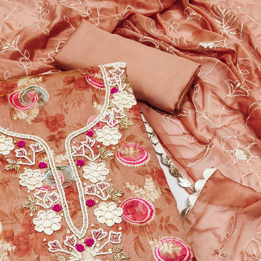 Dark Peach Woven Chanderi Silk Dress Material