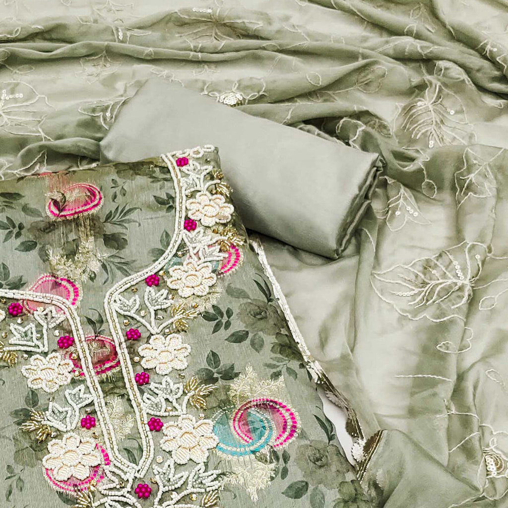 Green Woven Chanderi Silk Dress Material