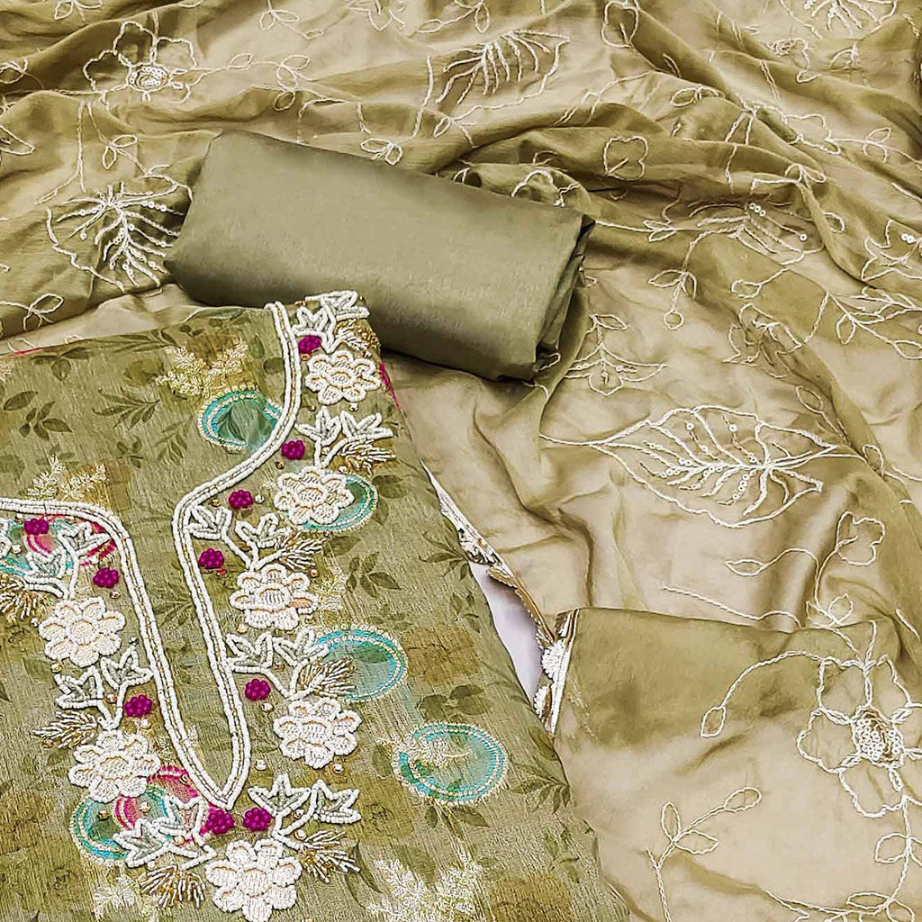 Mehandi Green Woven Chanderi Silk Dress Material