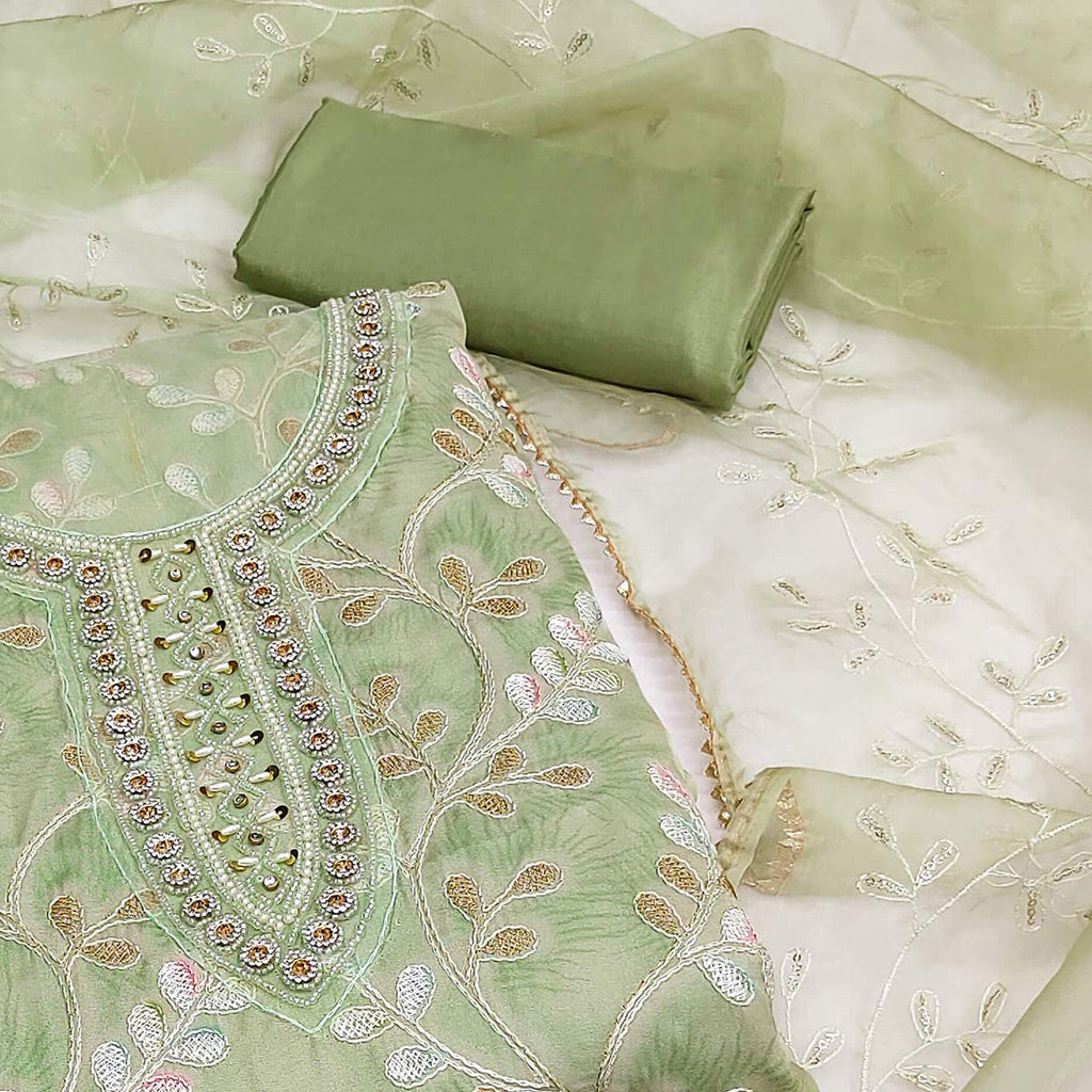 Green Embroidered Organza Dress Material