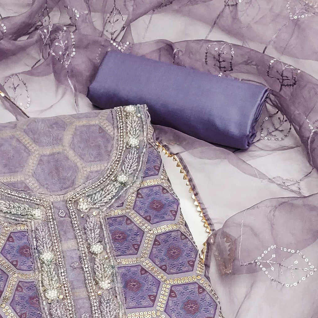 Lavender Printed Organza Dress Material