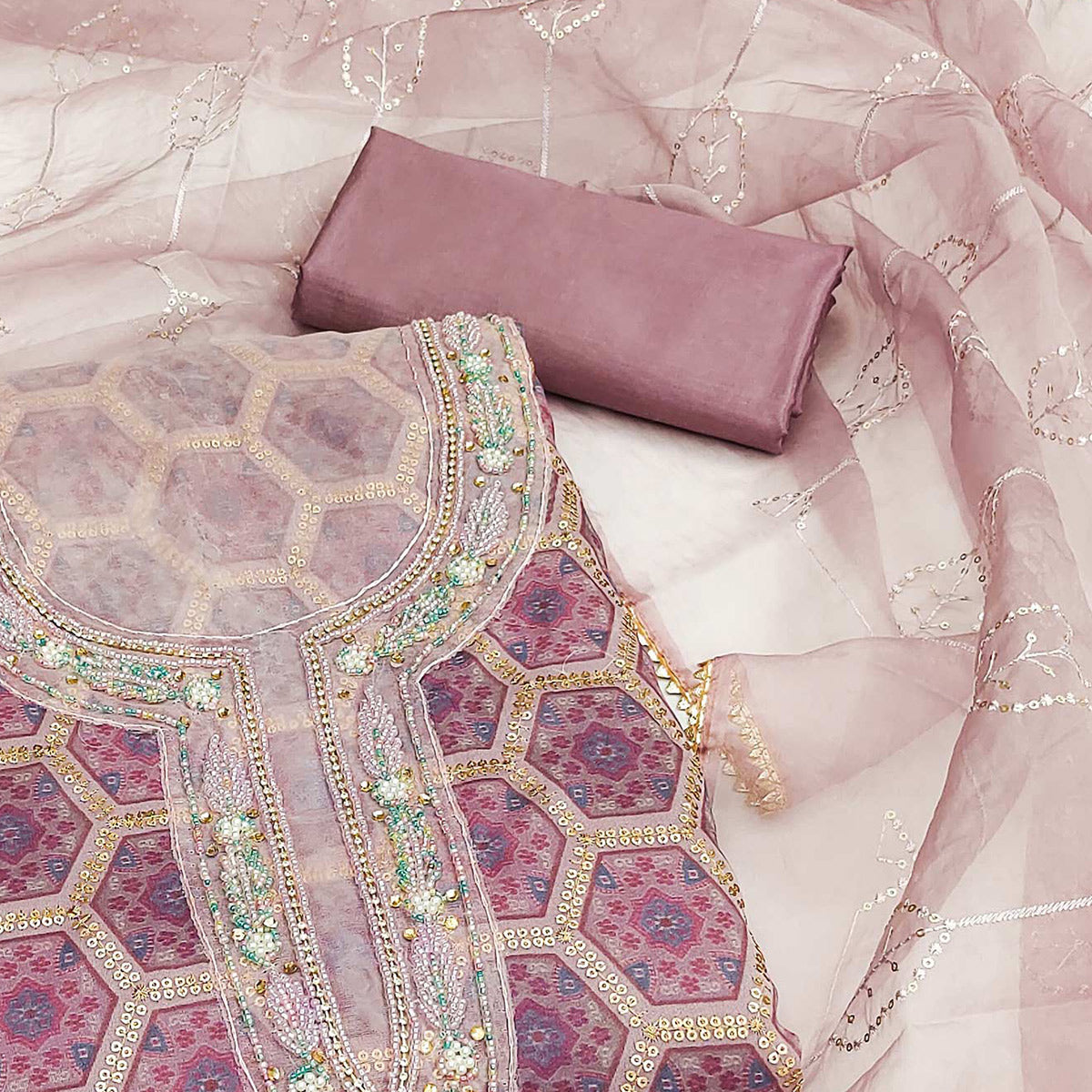 Mauve Printed Organza Dress Material