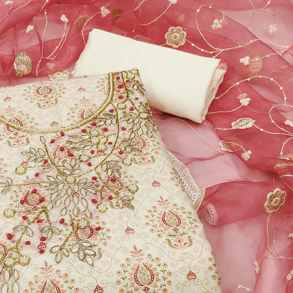 Off White & Gajri Pink Printed Chanderi Silk Dress Material