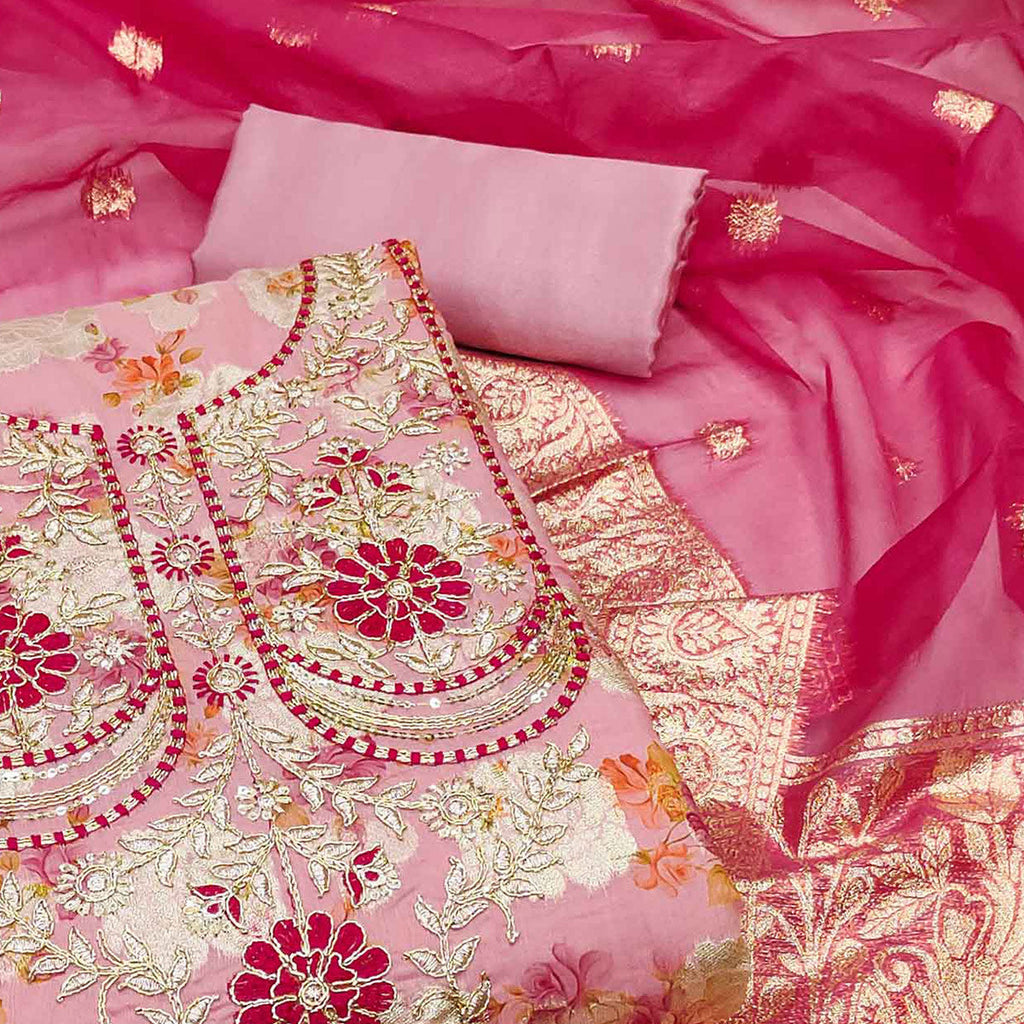 Pink Floral Woven Banarasi Silk Dress Material