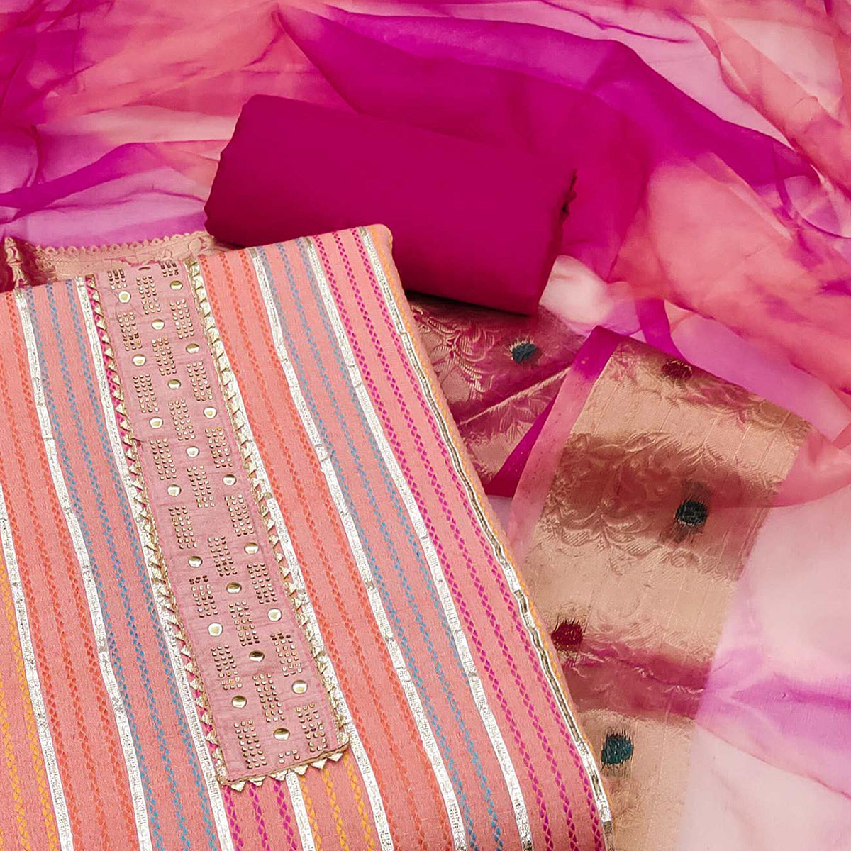 Pink Striped Woven Pure Cotton Dress Material