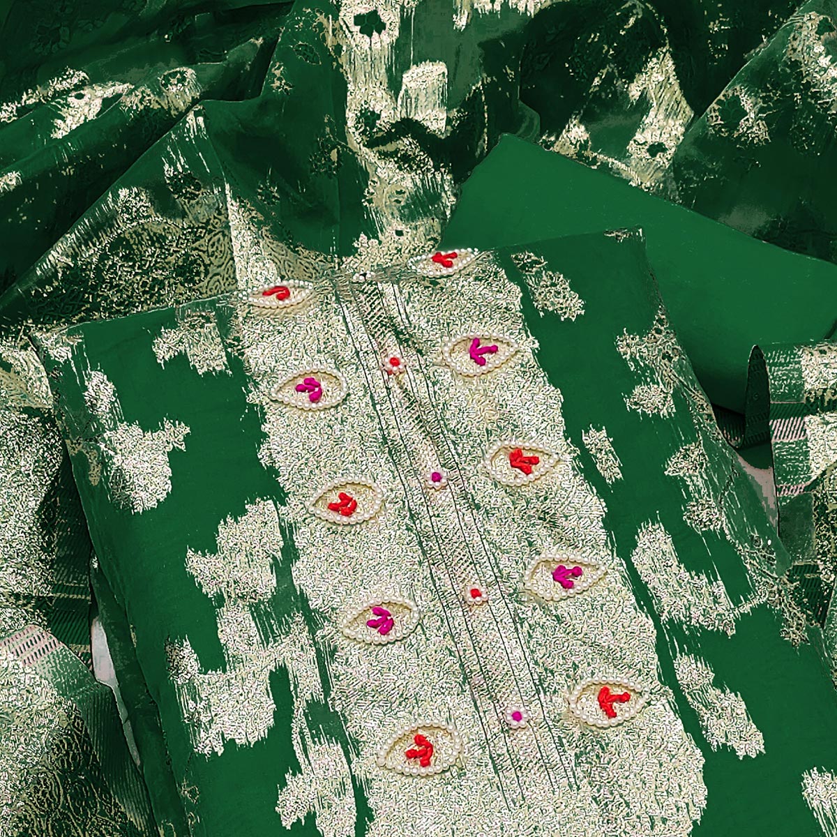 Green Woven Organza Dress Material