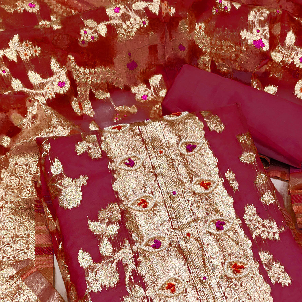 Maroon Woven Organza Dress Material