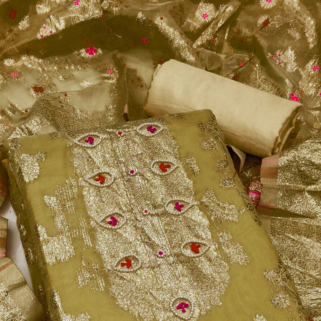 Olive Green Woven Organza Dress Material