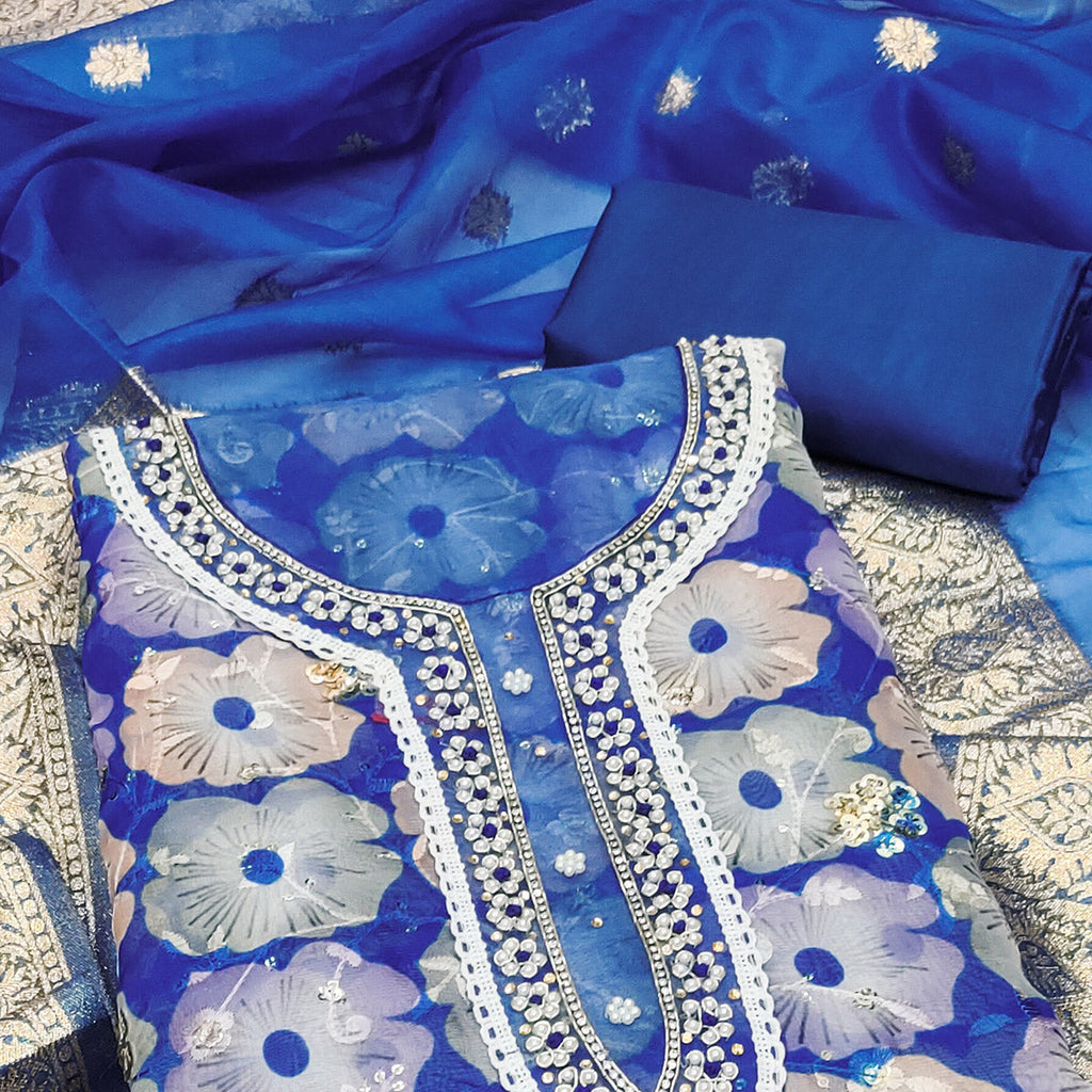 Blue Floral Printed With Embroidered Organza Dress Material