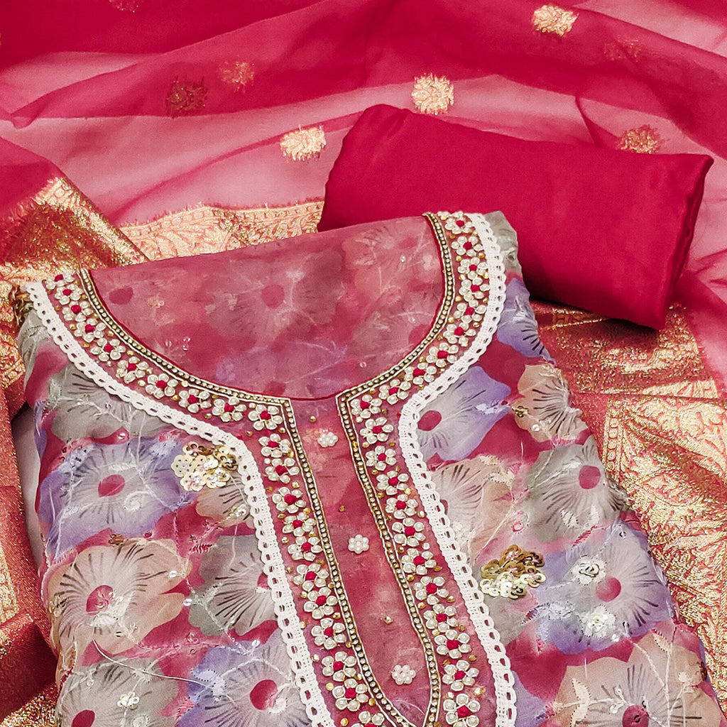 Pink Floral Printed With Embroidered Organza Dress Material