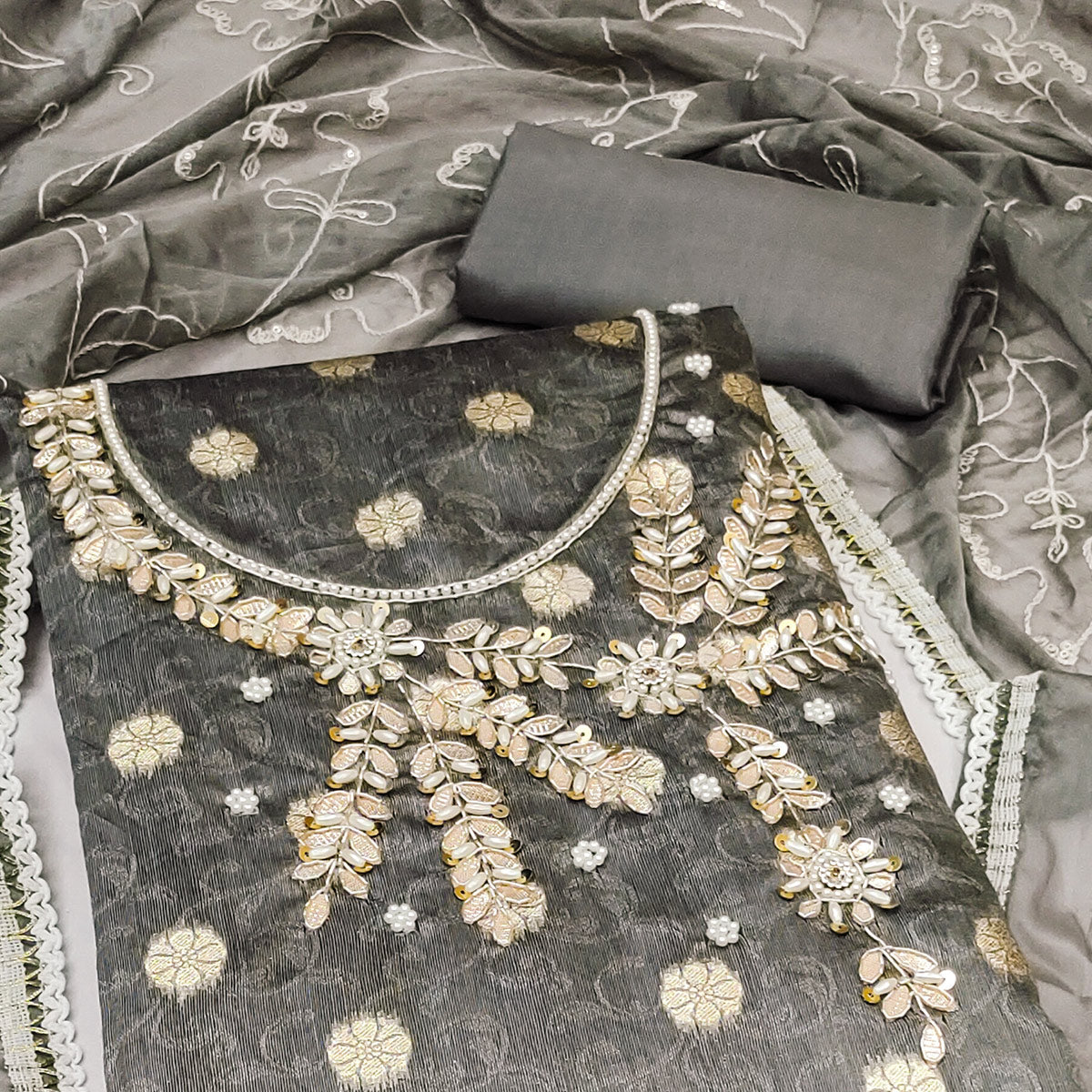 Grey Woven Banarasi Silk Dress Material