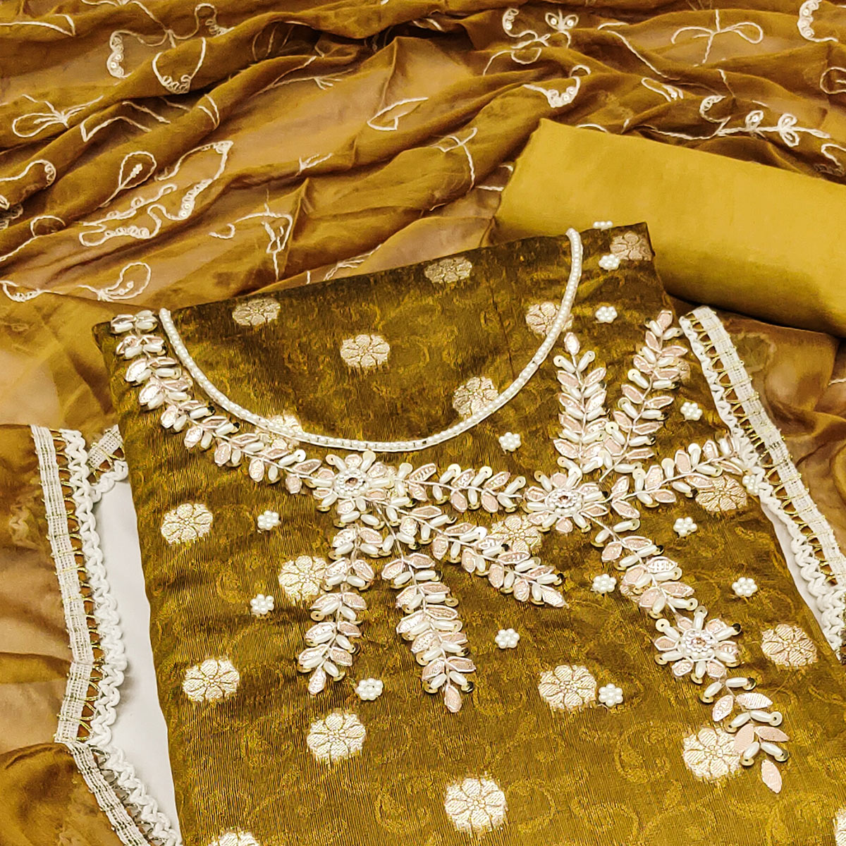 Mustard Woven Banarasi Silk Dress Material