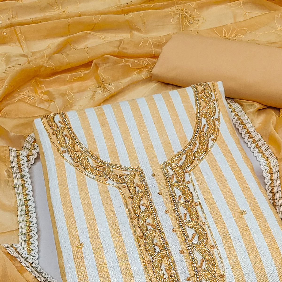 Beige Printed Pure Cotton Dress Material