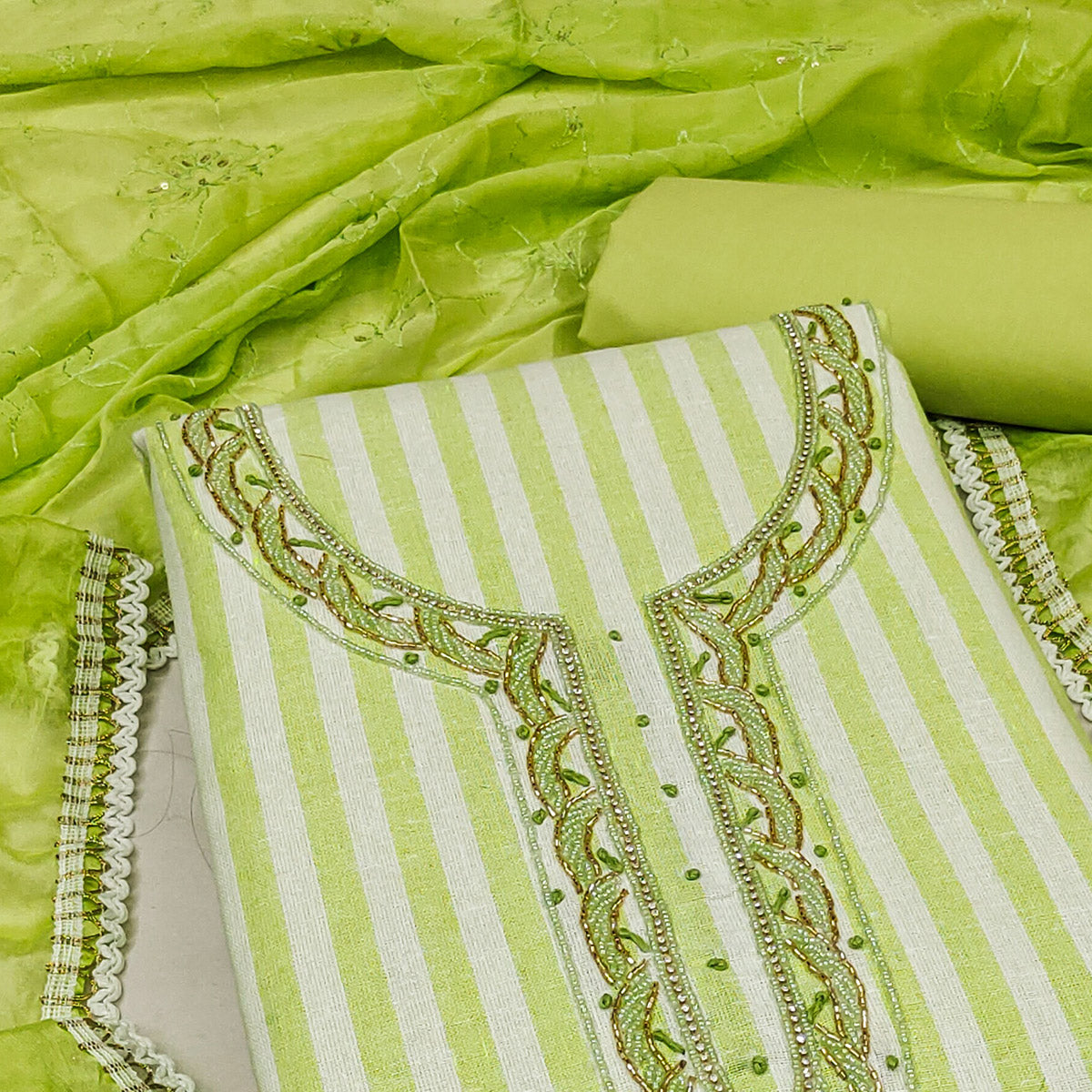 Green Printed Pure Cotton Dress Material