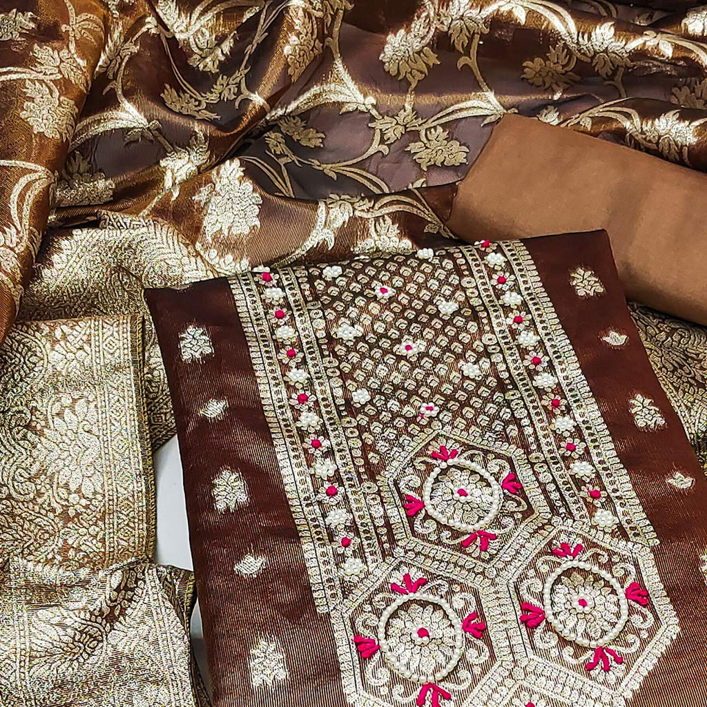 Brown Woven Banarasi Silk Dress Material