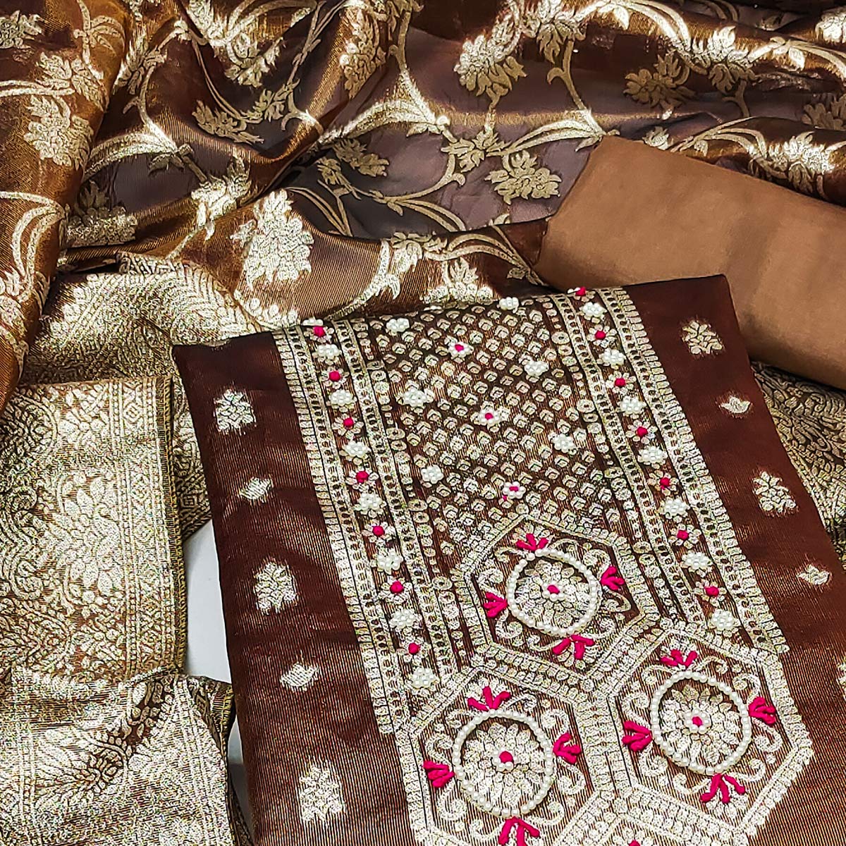 Brown Woven Banarasi Silk Dress Material