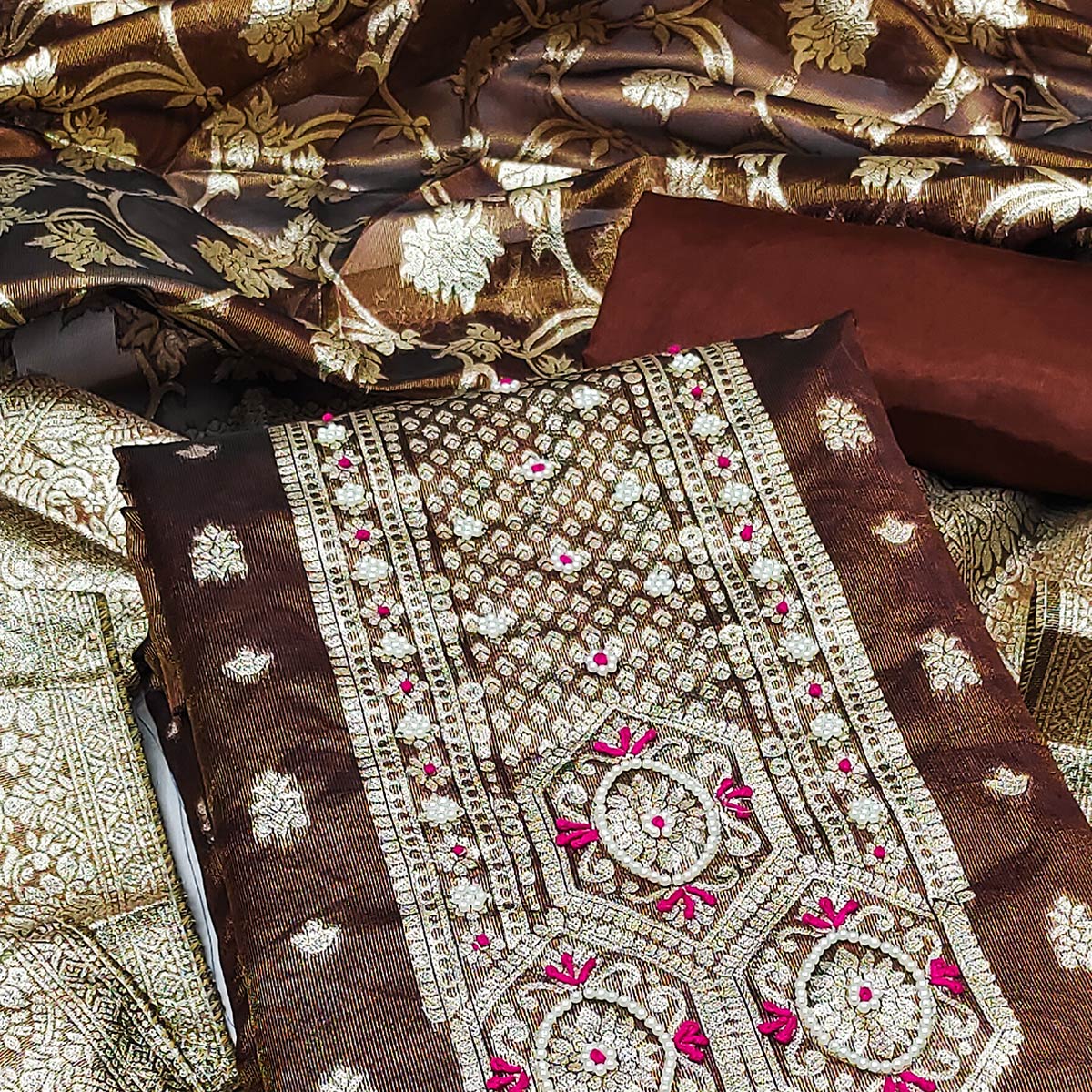 Dark Brown Woven Banarasi Silk Dress Material