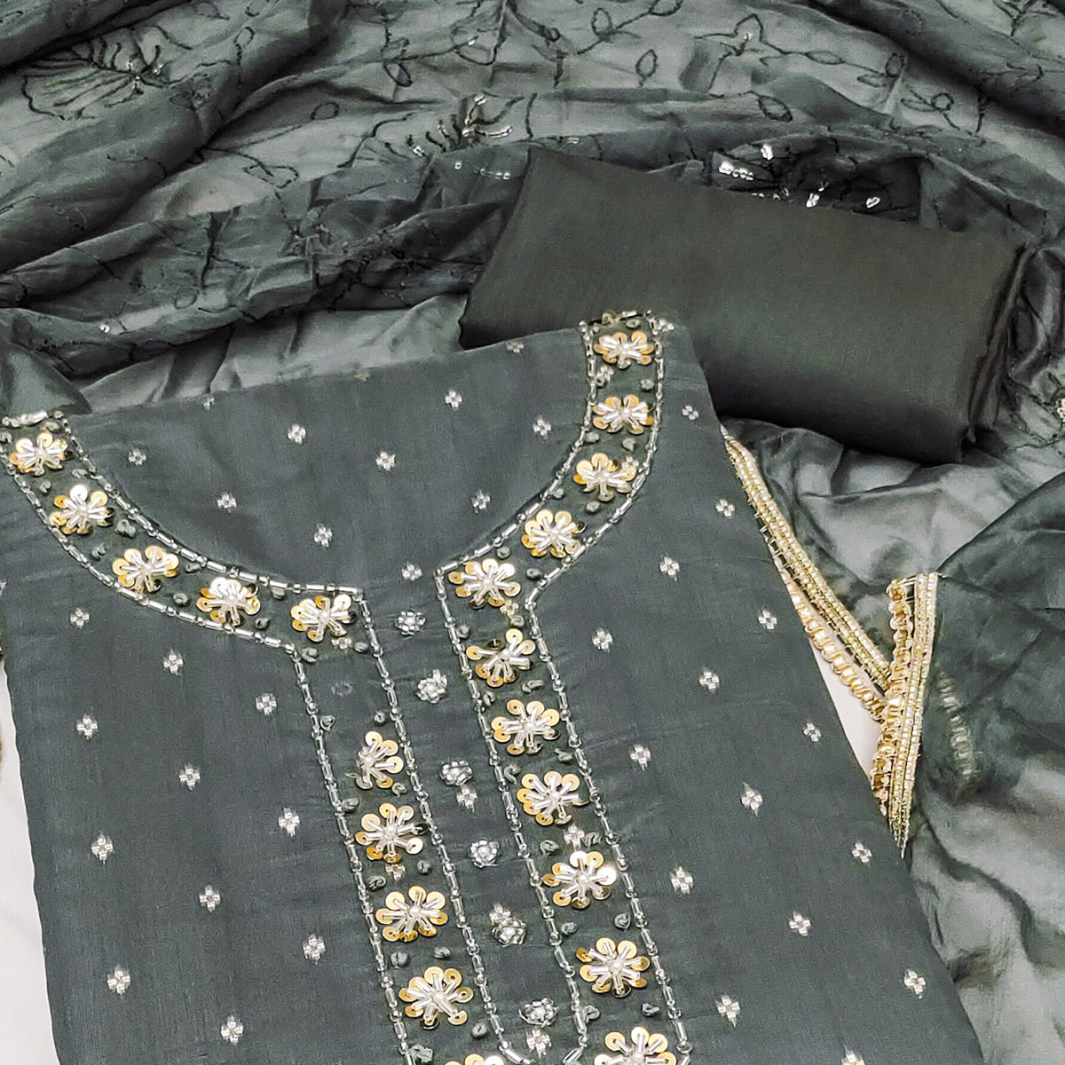 Grey Woven Chanderi Silk Dress Material