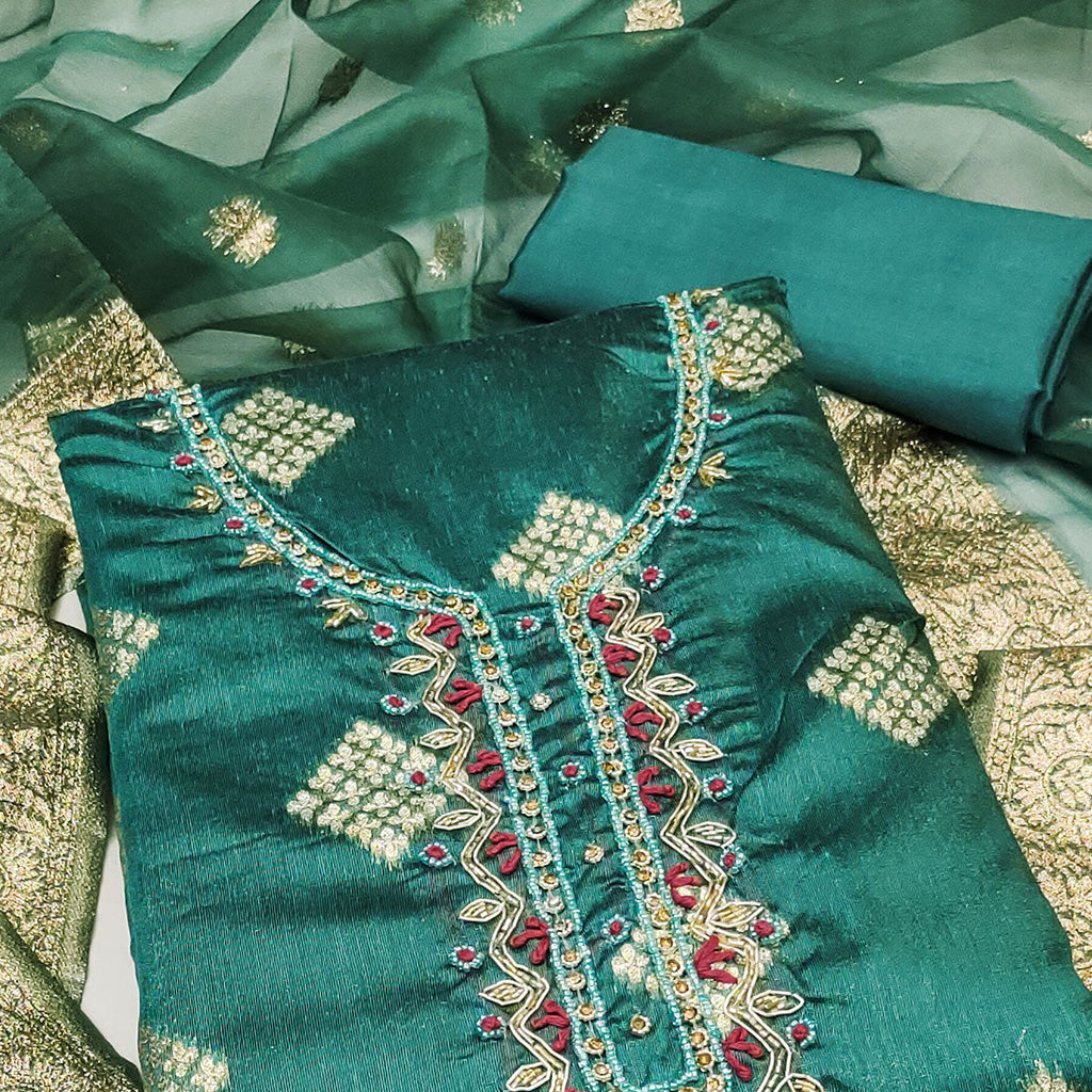 Morpich Green Woven Banarasi Silk Dress Material