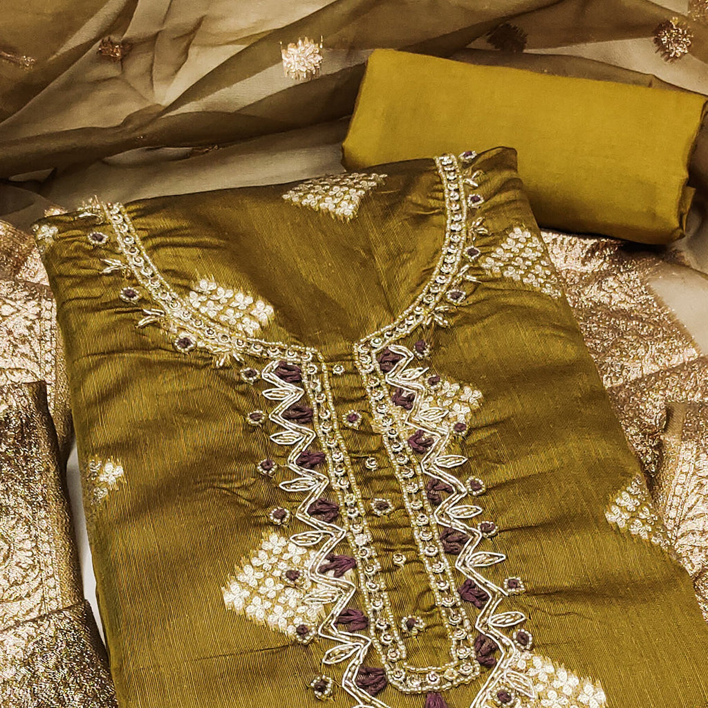 Olive Green Woven Banarasi Silk Dress Material
