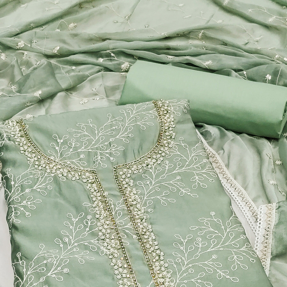 Dusty Green Embroidered Cotton Blend Dress Material