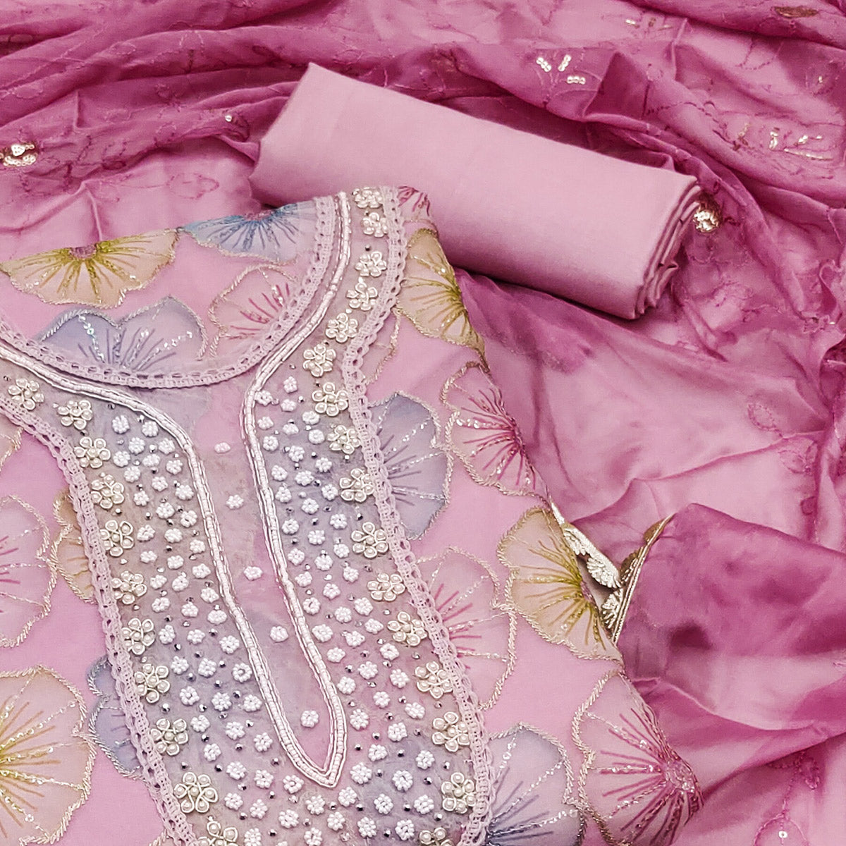 Pink Floral Hand Embroidered Organza Dress Material