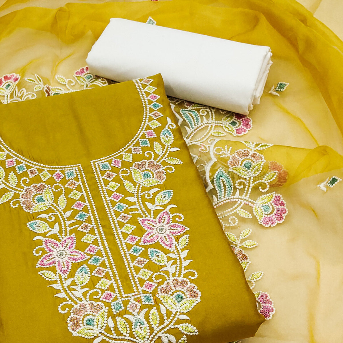 Mustard Floral Embroidered Cotton Silk Dress Material