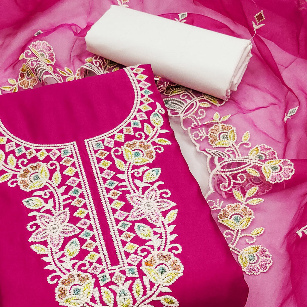 Pink Floral Embroidered Cotton Silk Dress Material